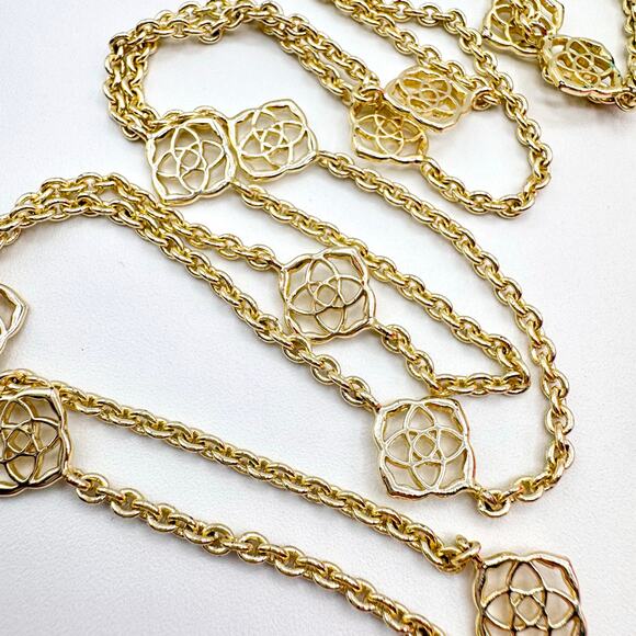 Kendra Scott Devalyn Logo Station Necklace Long Gold Tone Signed Like New 40” - Picture 8 of 13